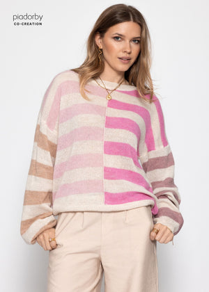 Fine knit sweater with striped pattern - pink
