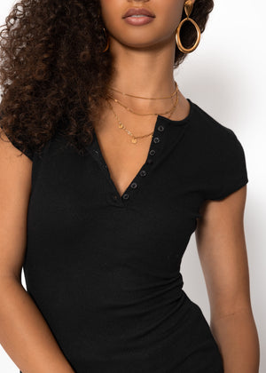 Ribbed button-front T-shirt - black