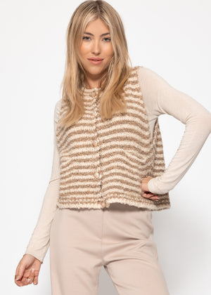 Gestreifte Bouclé-Weste mit Taschen - beige-offwhite