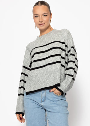 Striped knitting sweater with side slits - gray -black