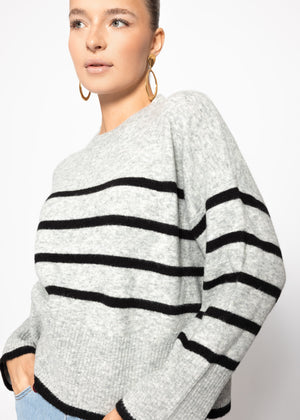 Striped knitting sweater with side slits - gray -black