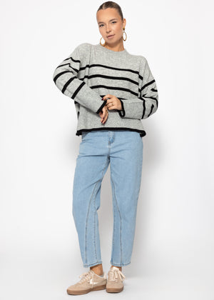 Striped knitting sweater with side slits - gray -black