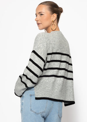 Striped knitting sweater with side slits - gray -black