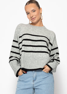 Striped knitting sweater with side slits - gray -black