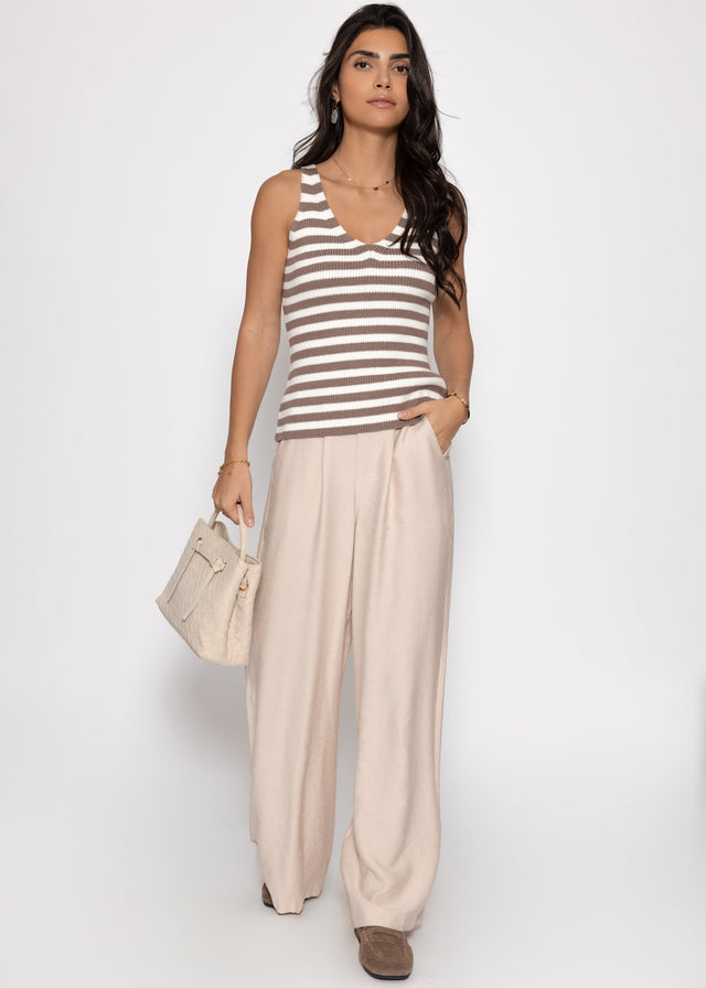 Striped knit top with V-neck - off-white-taupe