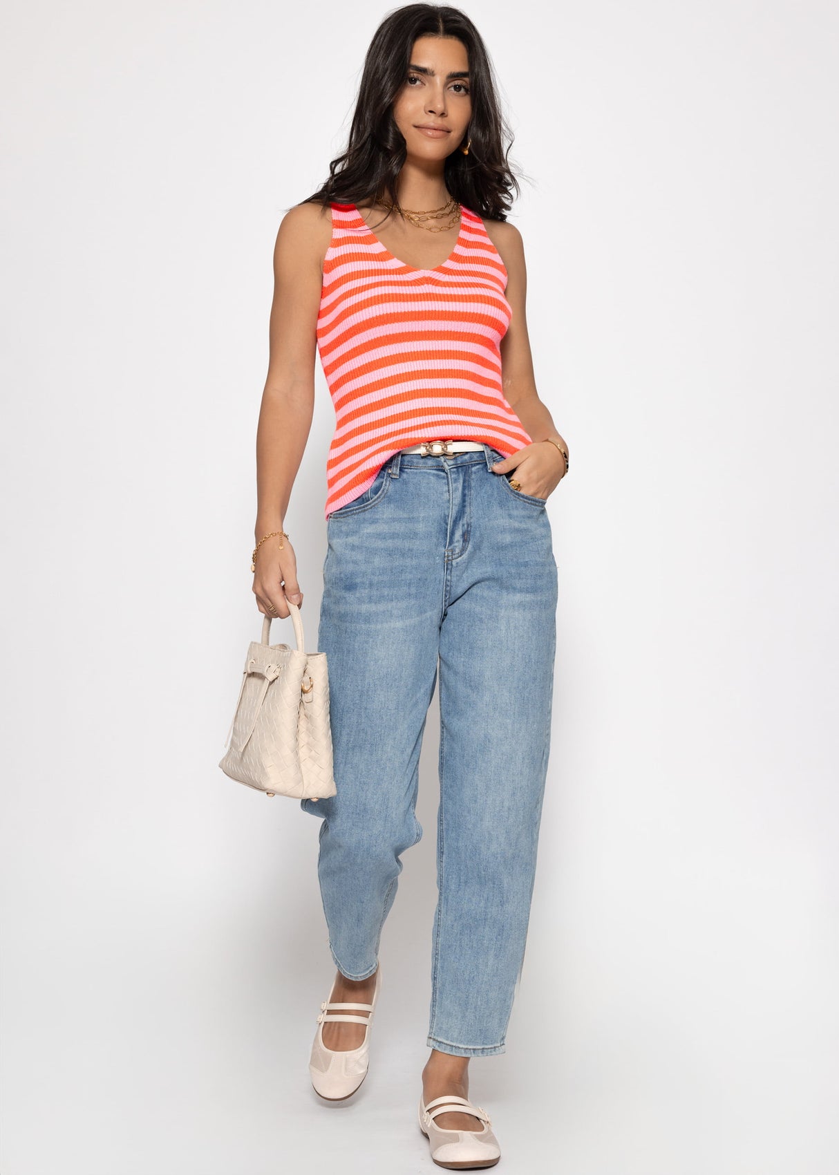 Gestreiftes Strick Top mit V-Ausschnitt - orange-rosa