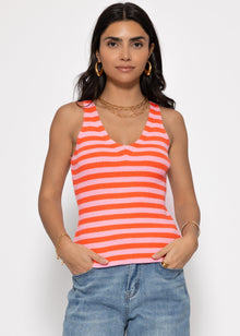 Striped Knit V-Neck Top - Orange-Pink