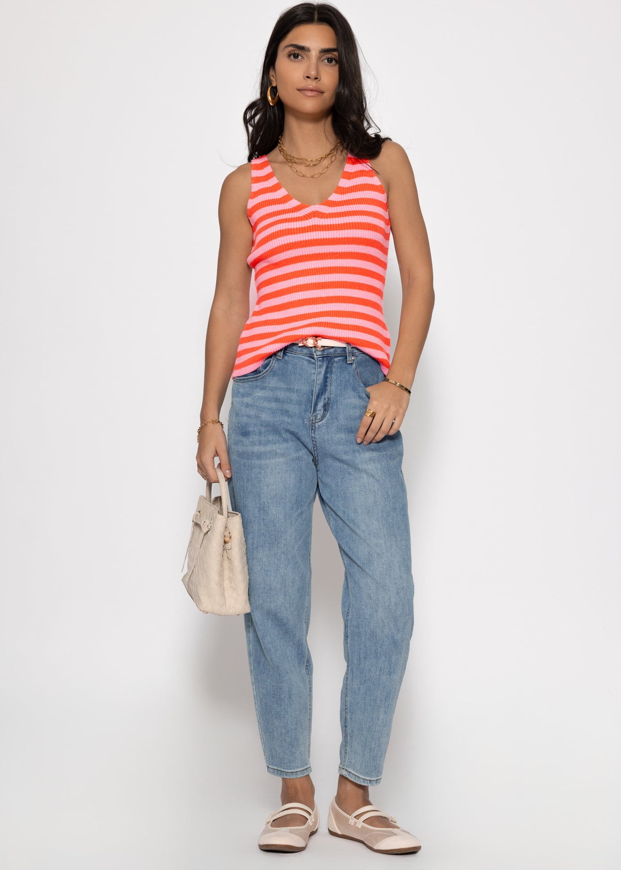 Gestreiftes Strick Top mit V-Ausschnitt - orange-rosa