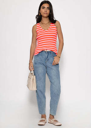 Gestreiftes Strick Top mit V-Ausschnitt - orange-rosa