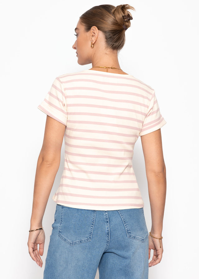 Striped T-shirt with V-neck - rose-off-white