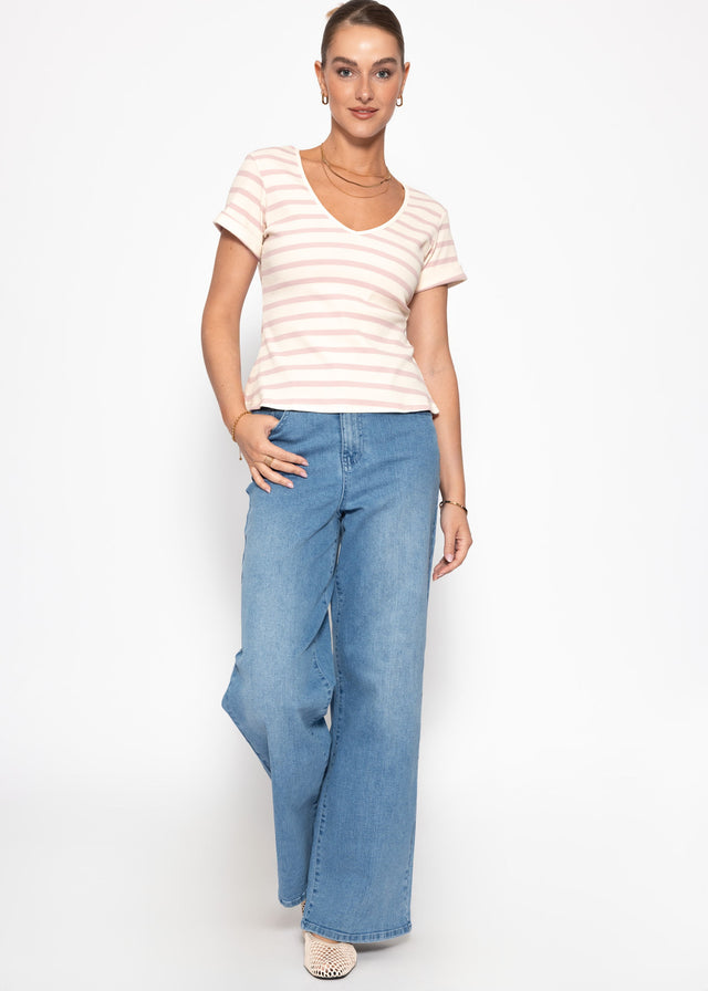 Striped T-shirt with V-neck - rose-off-white