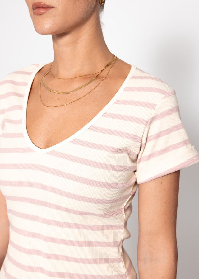 Striped T-shirt with V-neck - rose-off-white