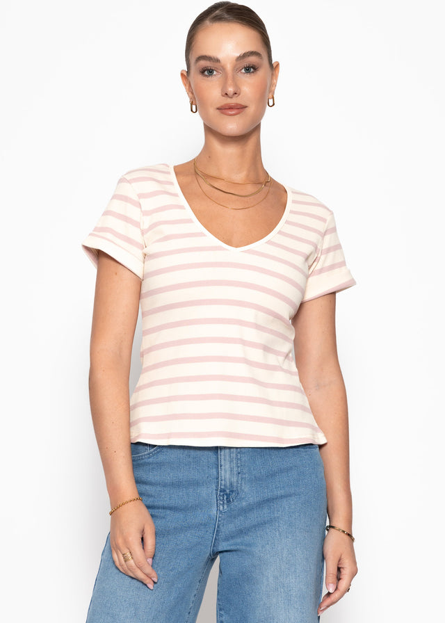 Striped T-shirt with V-neck - rose-off-white