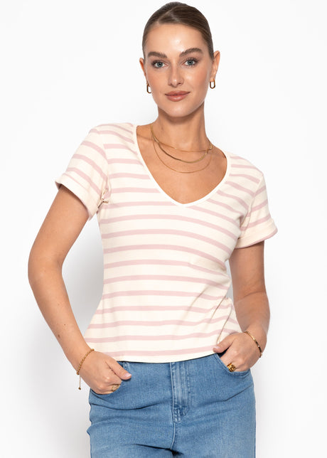 Striped T-shirt with V-neck - rose-off-white