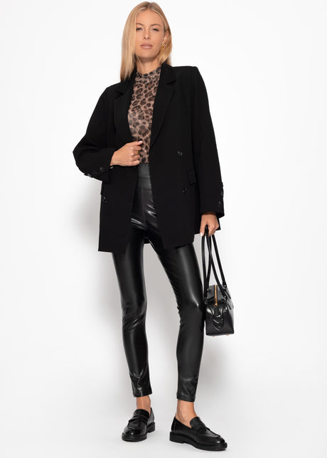 High-rise thermal faux leather leggings with wide waistband - black