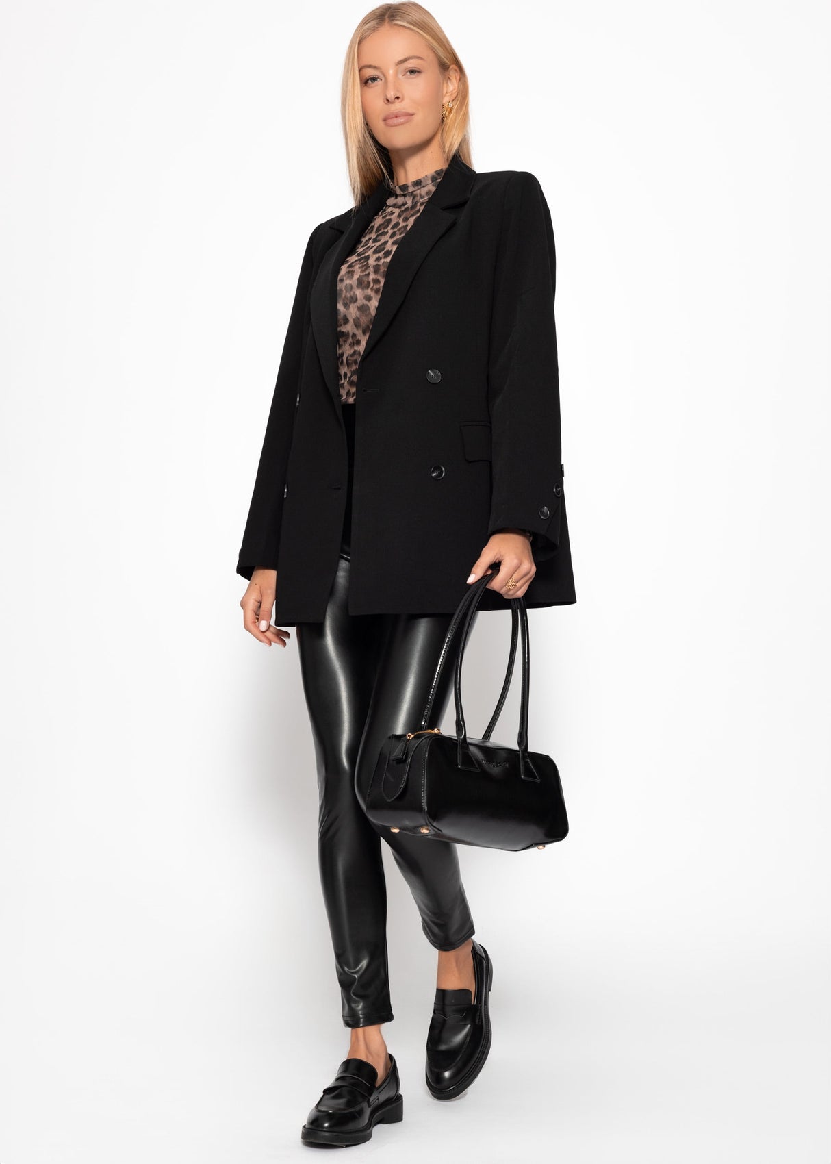 High-rise thermal leather leggings with wide waistband - black