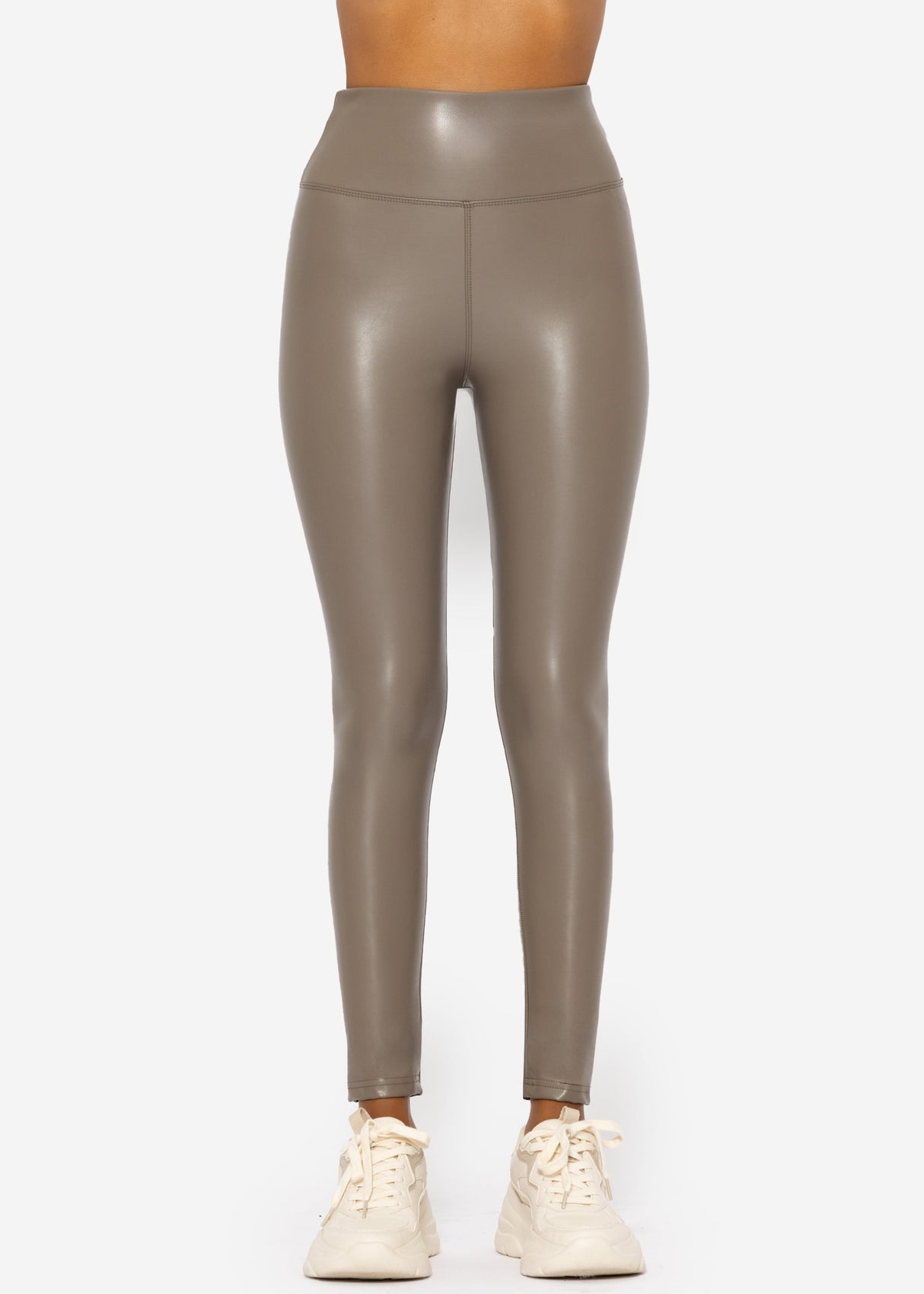High-Rise Thermo Lederleggings mit breitem Bund - taupe