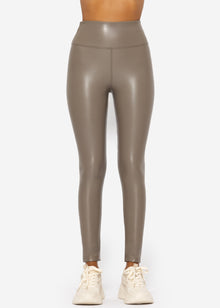 High-Rise Thermo Lederleggings mit breitem Bund - taupe