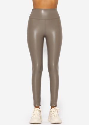 High-Rise Thermo Lederleggings mit breitem Bund - taupe