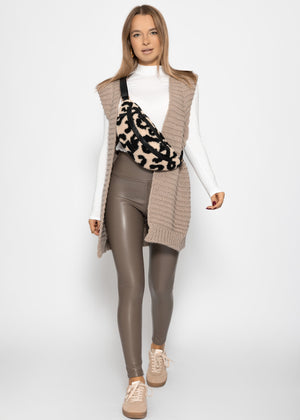 High-rise thermal leather leggings with wide waistband - taupe