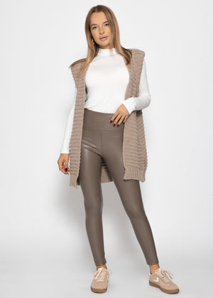 High-rise thermal leather leggings with wide waistband - taupe