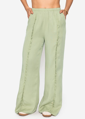 Pants with a wide leg and rüsch details - sage green