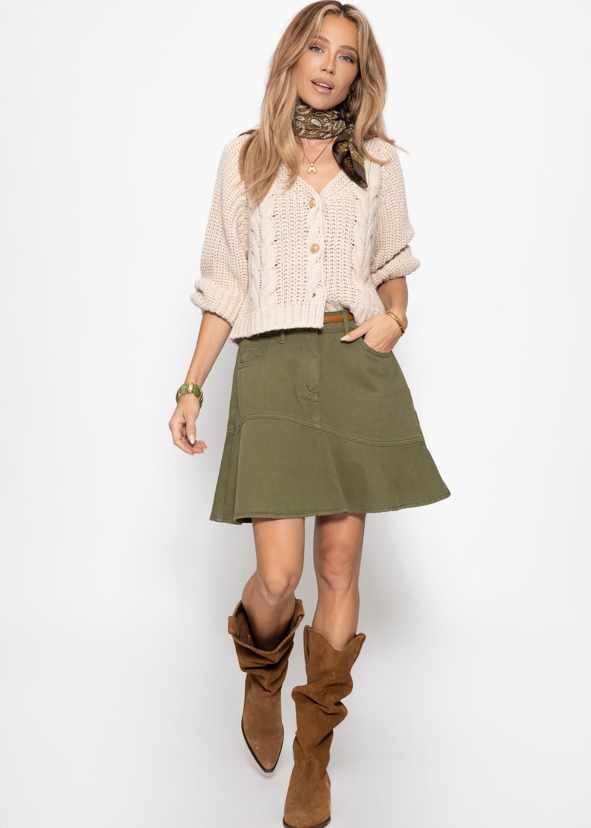 Jeans Rock mit Volant - khaki