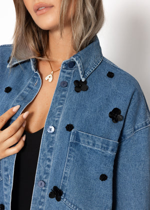 Jeansjacke mit Blumenapplikationen - blau