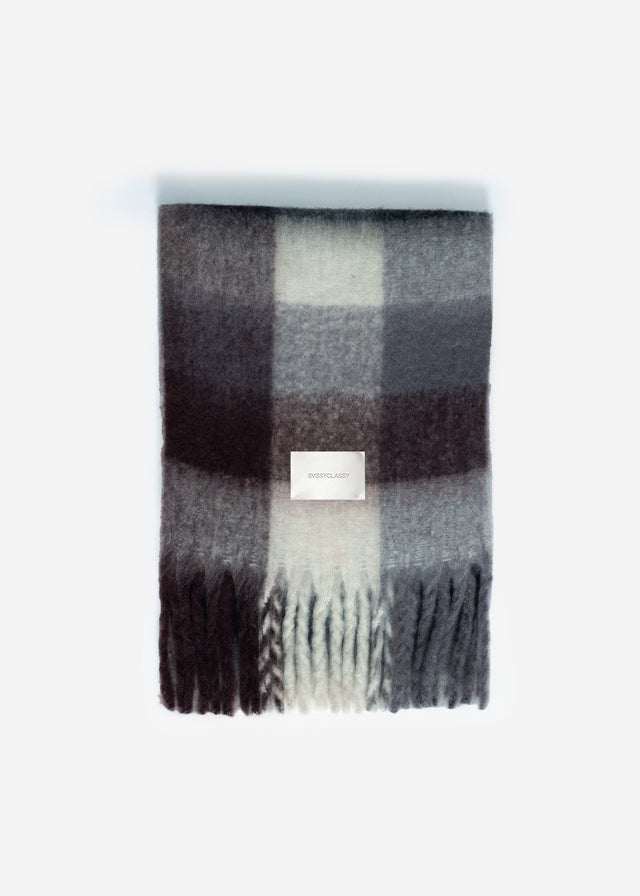 Checked fluffy scarf with fringing - brown