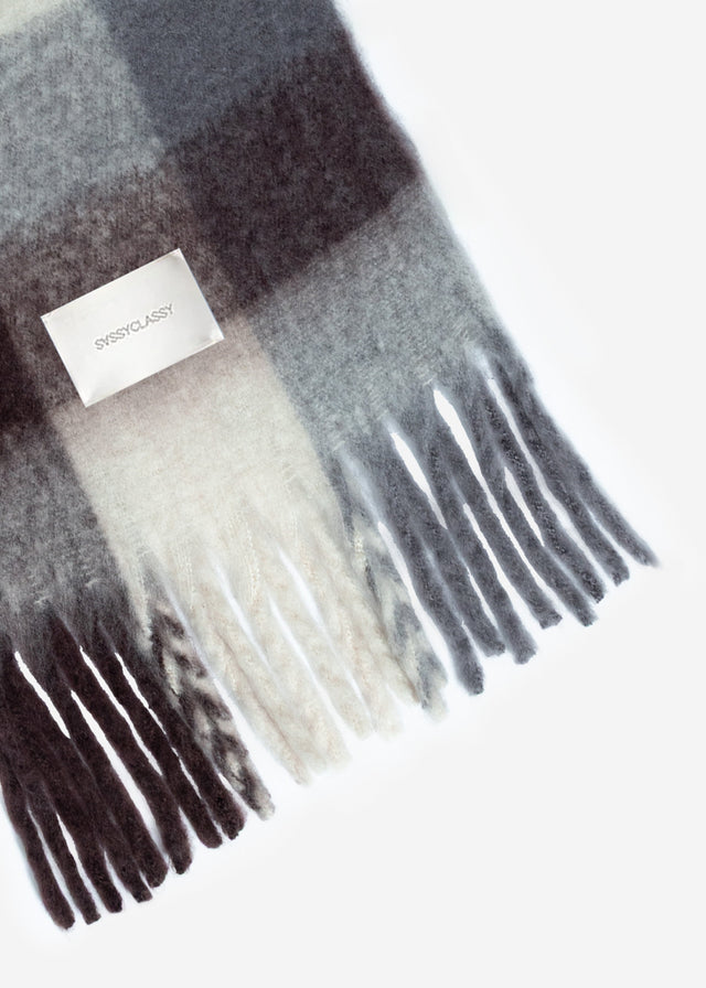 Checked fluffy scarf with fringing - brown