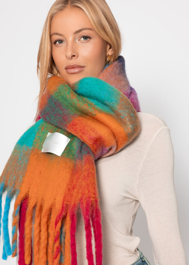 Checked fluffy scarf - blue-orange-pink