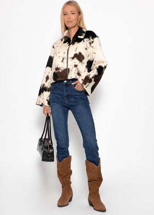 Kunstfelljacke mit Kuh-Print - offwhite