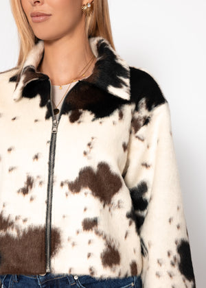 Kunstfelljacke mit Kuh-Print - offwhite