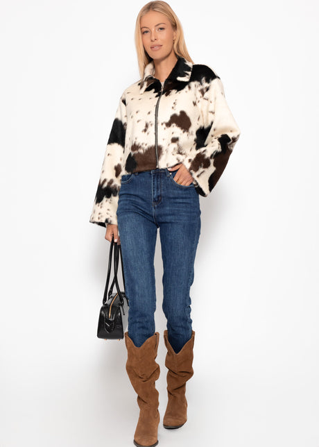 Kunstfelljacke mit Kuh-Print - offwhite