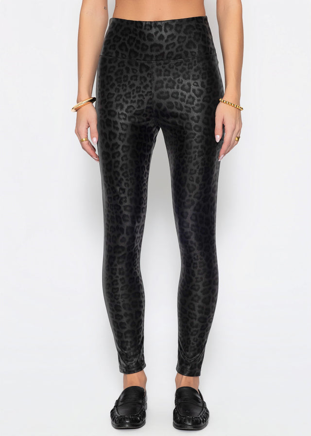 Kunstleder Leggings mit Leo Print - schwarz