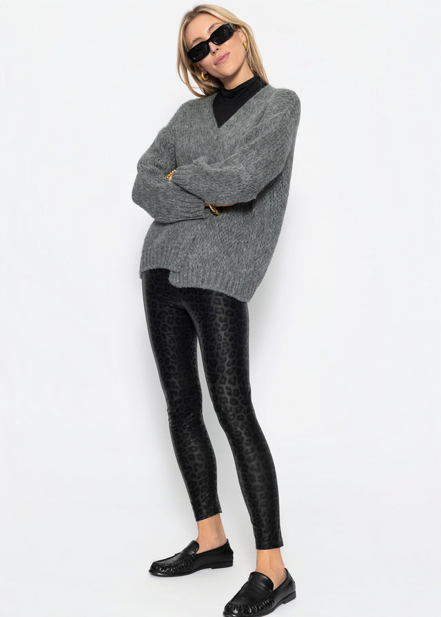 Kunstleder Leggings mit Leo Print - schwarz