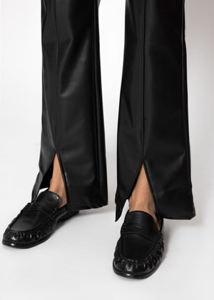 Kunstleder Thermo Leggings mit Teilungsnähten und Saumschlitz - schwarz