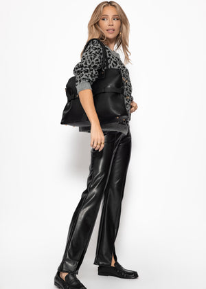 Kunstleder Thermo Leggings mit Teilungsnähten und Saumschlitz - schwarz