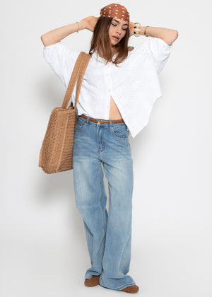 Short-sleeved muslin blouse with eyelet embroidery - white