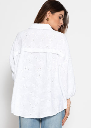 Short-sleeved muslin blouse with eyelet embroidery - white