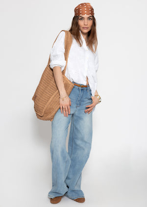 Short-sleeved muslin blouse with eyelet embroidery - white