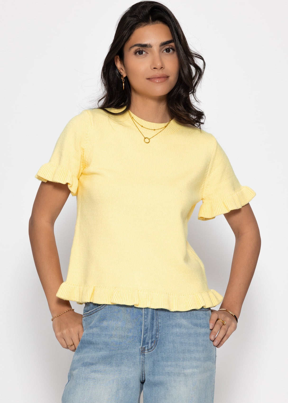 Kurzarm-Pullover mit Volants - buttergelb