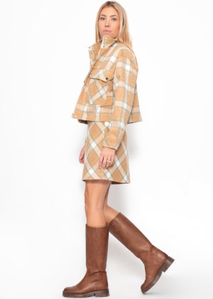 Kurze Oversize Jacke mit Karo-Muster - beige