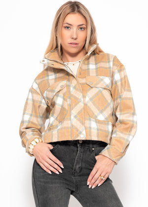 Kurze Oversize Jacke mit Karo-Muster - beige