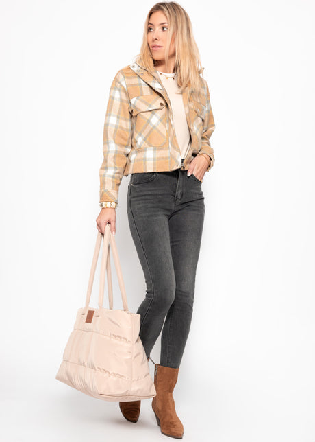 Short oversized jacket with checked pattern - beige