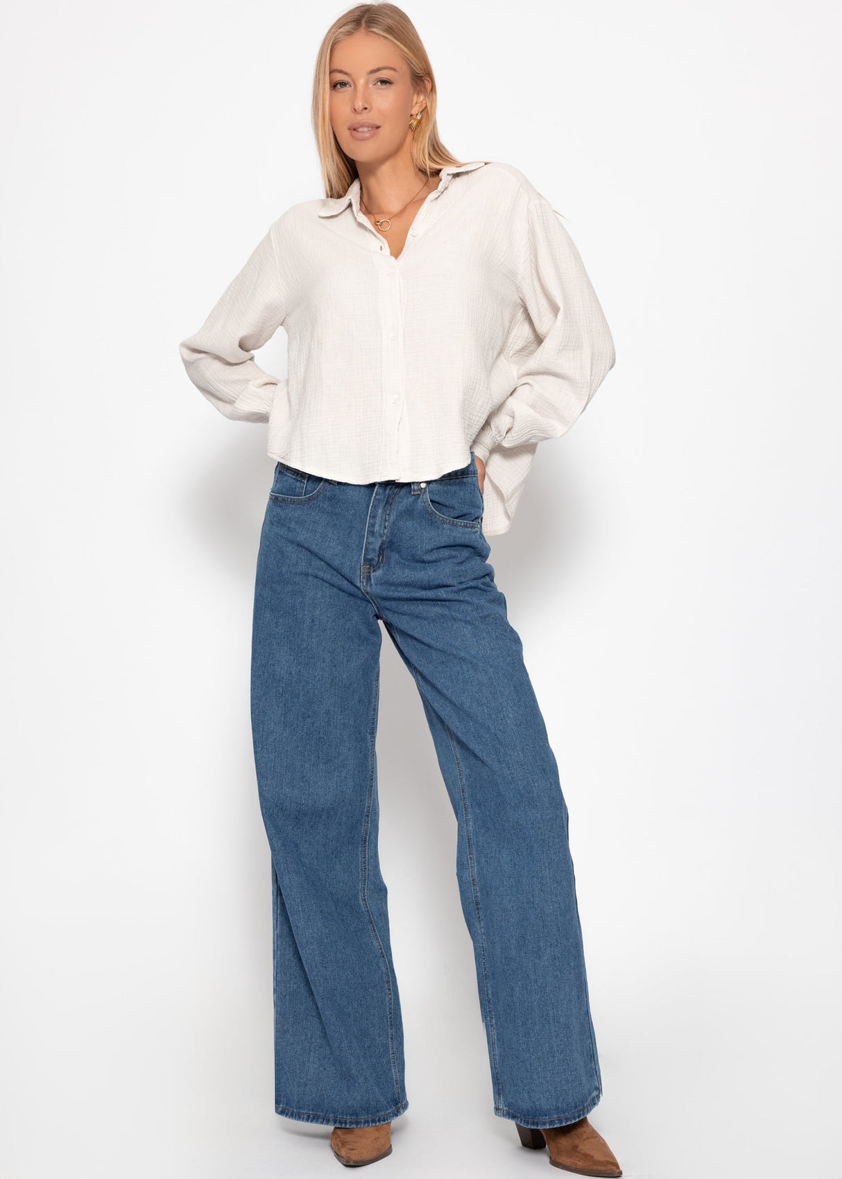 Kurze oversize Musselin Bluse - hellbeige
