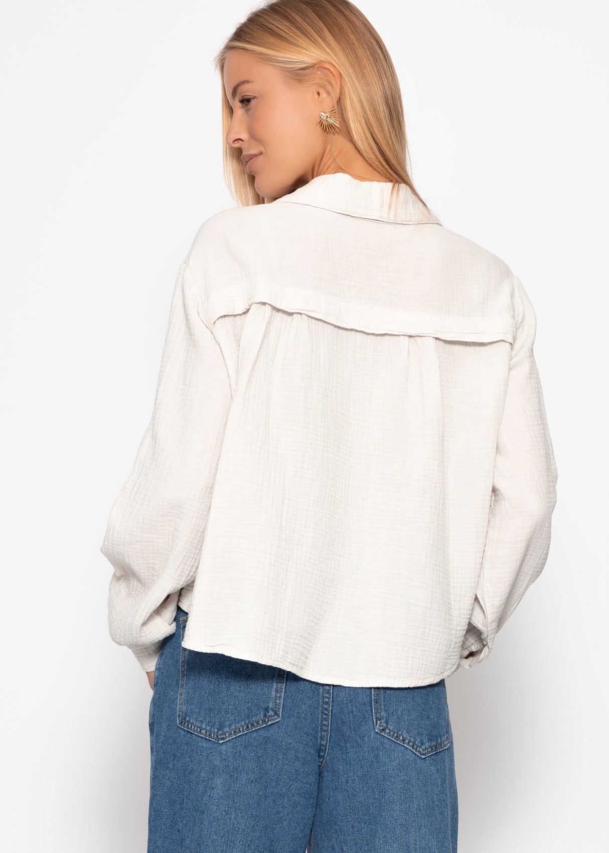 Kurze oversize Musselin Bluse - hellbeige