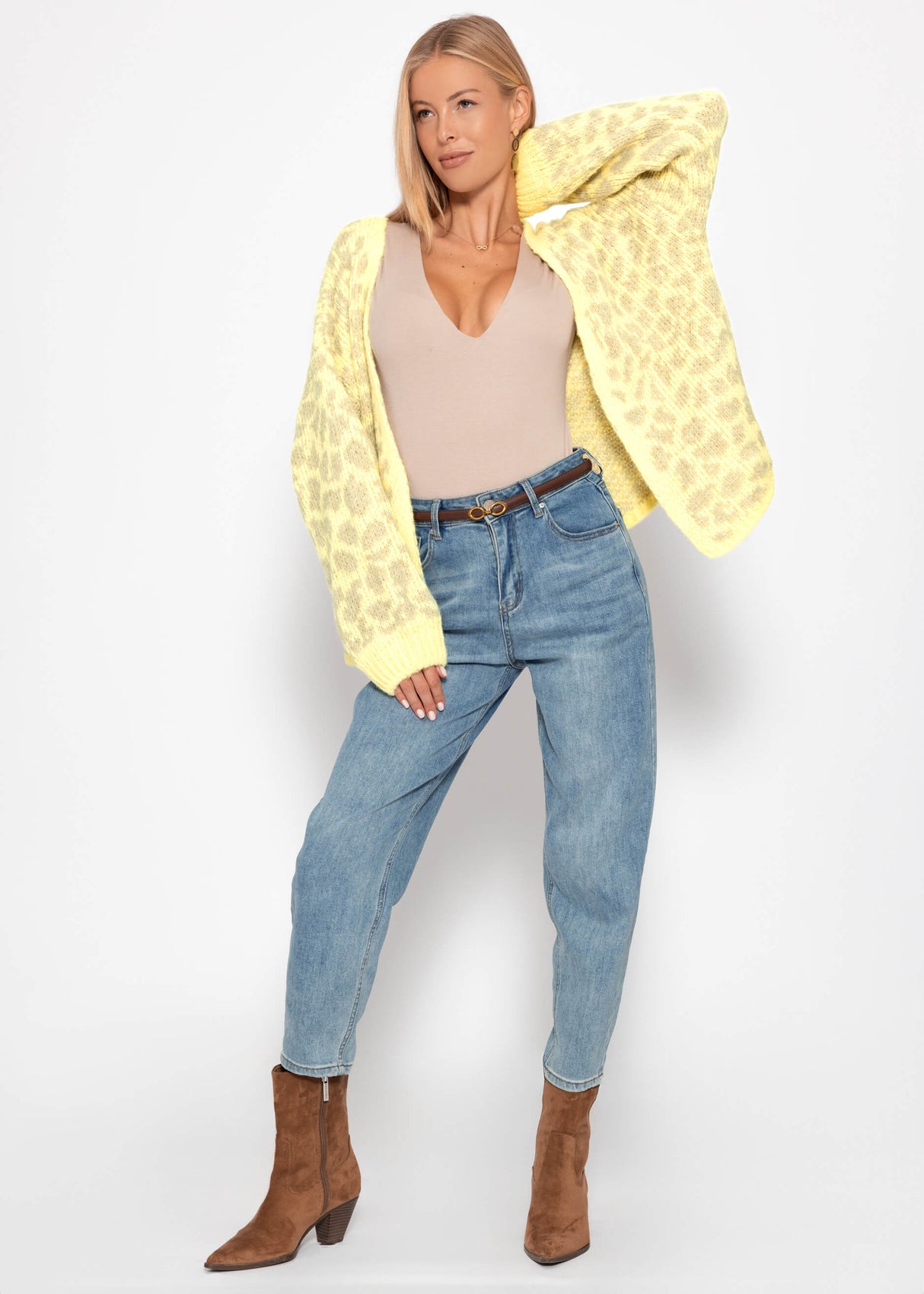 Kurzer Cardigan mit Leo-Print - gelb-beige