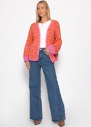Kurzer Cardigan mit Leo-Print - pink-orange