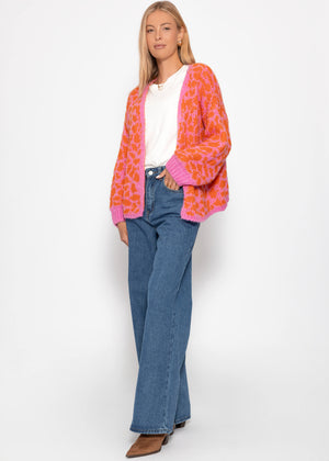 Kurzer Cardigan mit Leo-Print - pink-orange